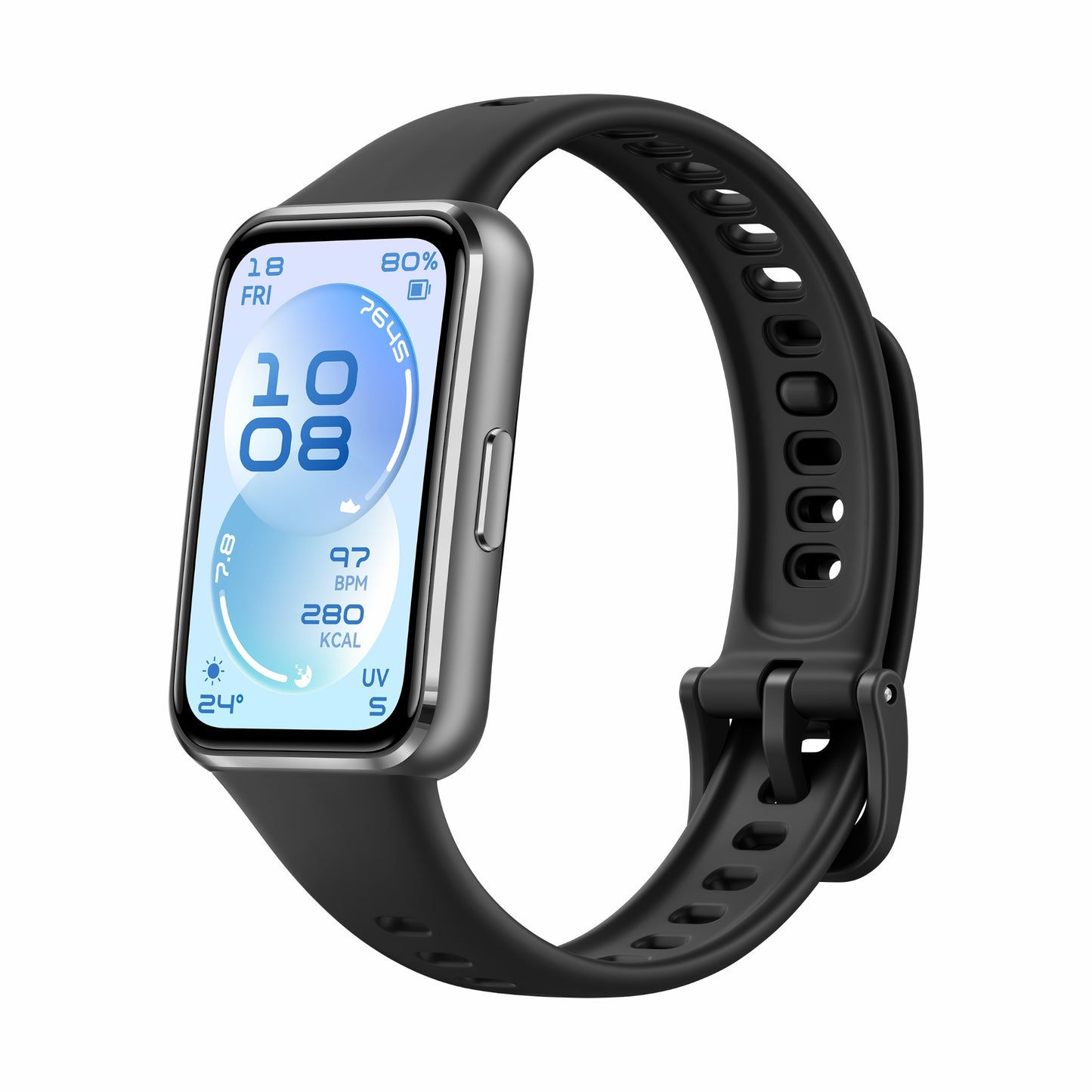 Black smartwatch with a digital display on a white background