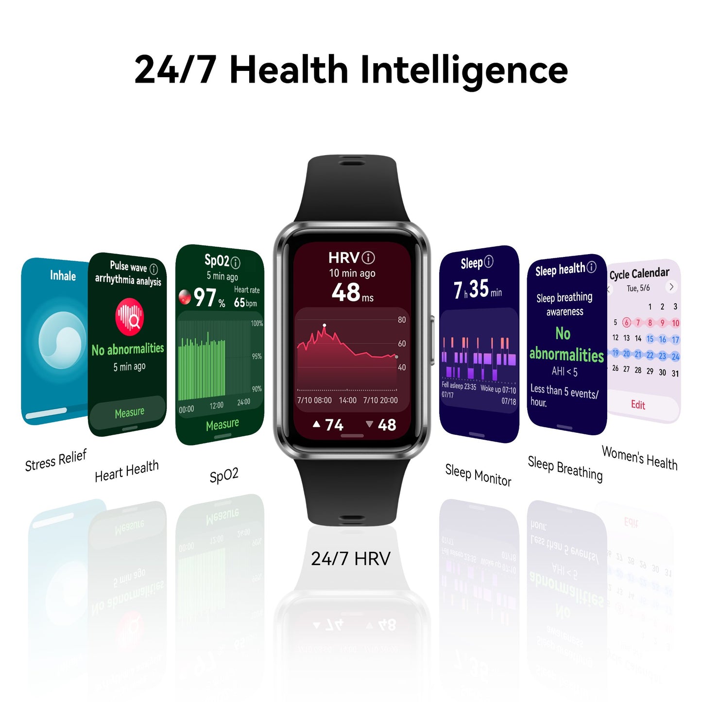 Smartwatch with health monitoring apps on a white background
