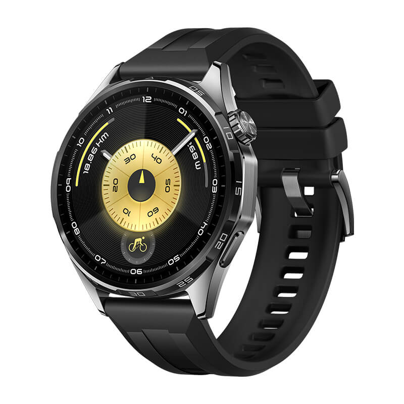 Black smartwatch with a gold face on a white background