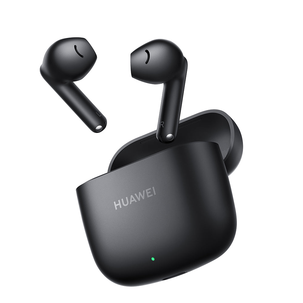 Black Huawei wireless earbuds with charging case on a white background