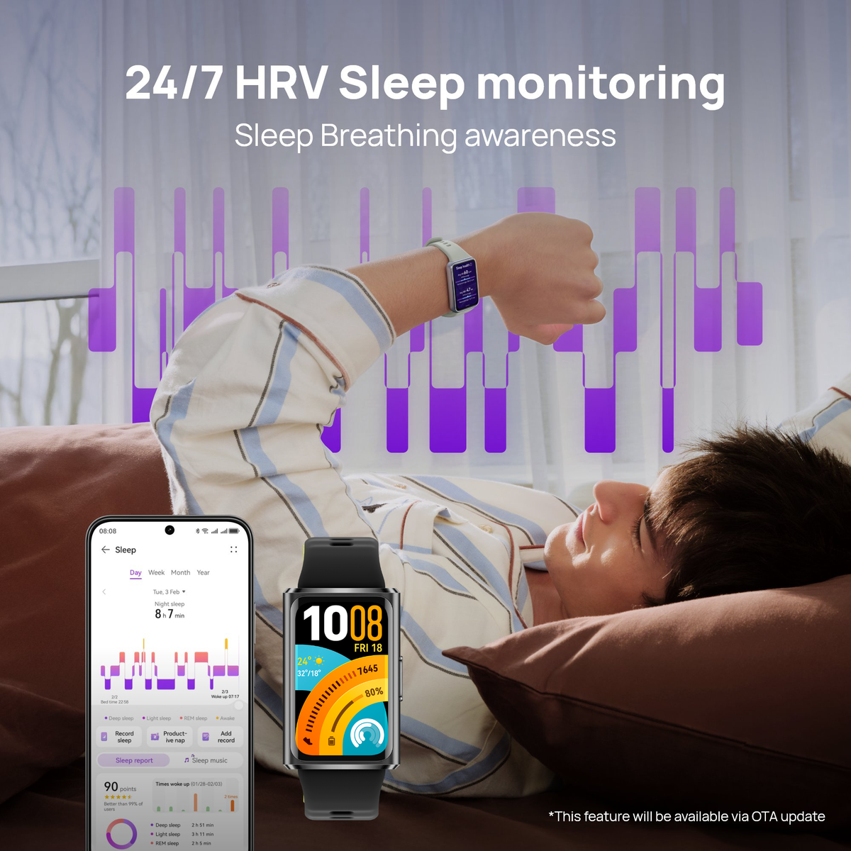 A person lying in bed wearing a smartwatch, with overlaid marketing text reading '24/7 HRV Sleep monitoring' and 'Sleep Breathing awareness.' The scene includes a phone and a smartwatch displaying sleep-tracking interfaces, set against a bedroom background with pillows and bedding.