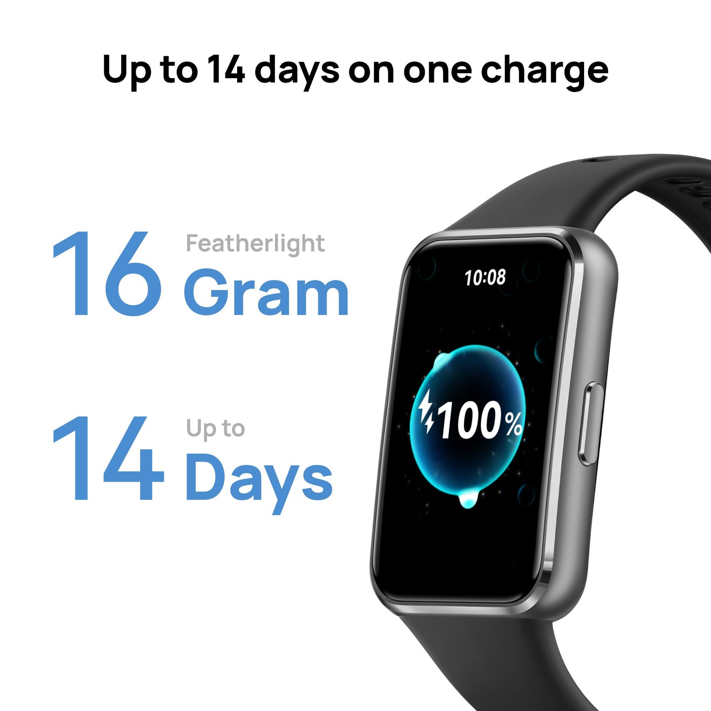 Smartwatch with charging indicator on a white background, displaying battery life and weight information.