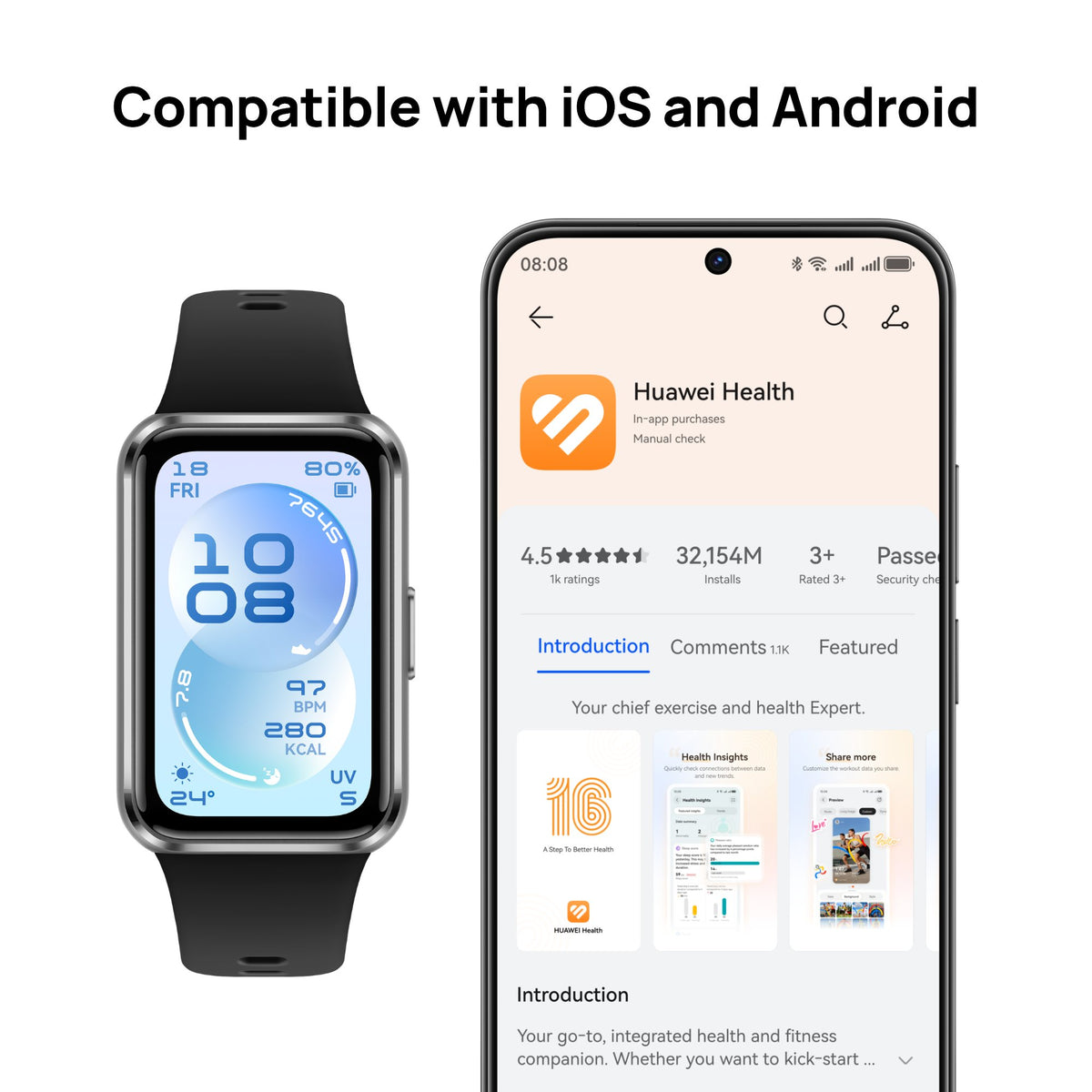 Smartwatch and smartphone displaying Huawei Health app on a white background
