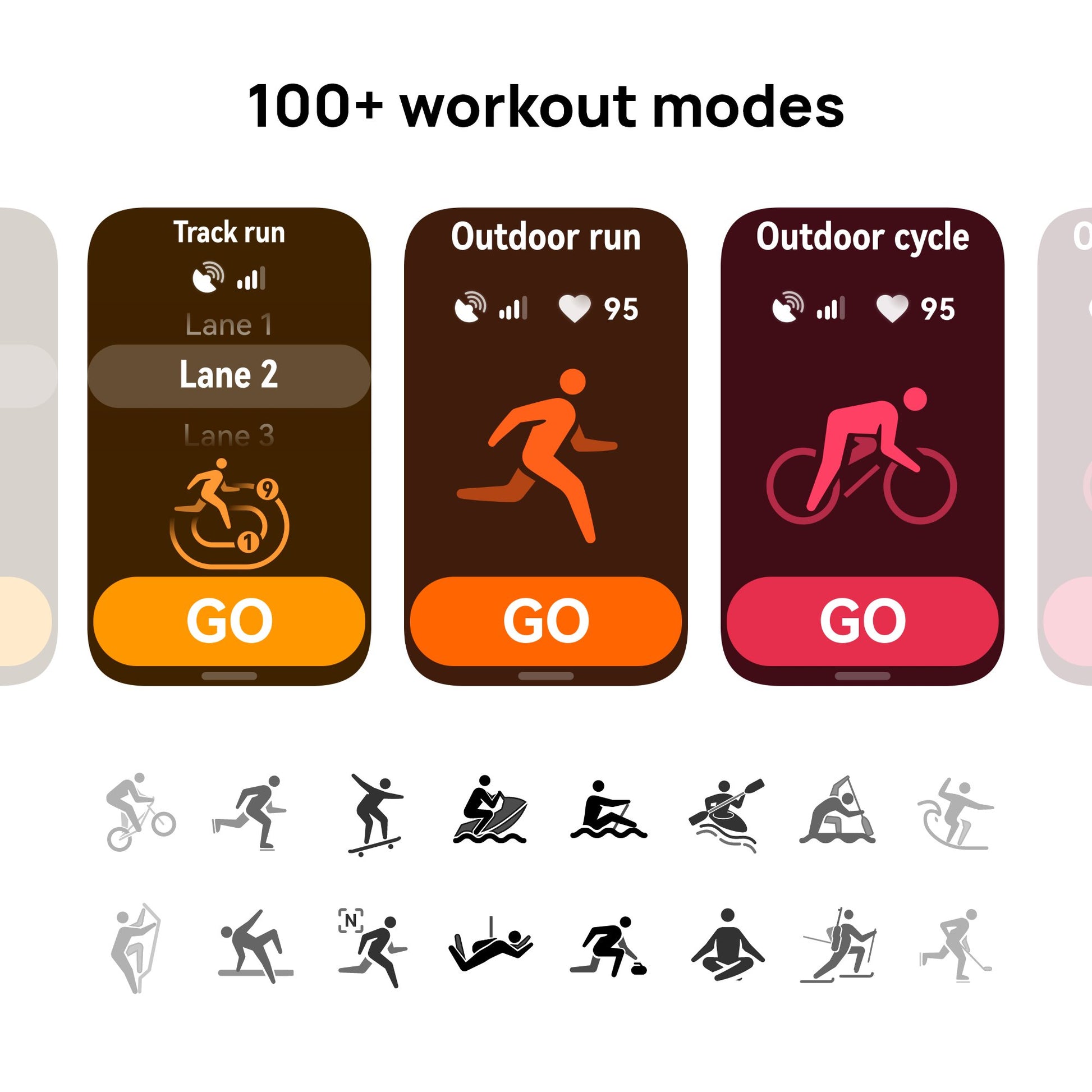 Promotional graphic for a fitness tracking app showing three smartphone workout screens labeled Track run, Outdoor run, and Outdoor cycle, with icons and GO buttons, plus a row of exercise icons below and the text '100+ workout modes' at the top.