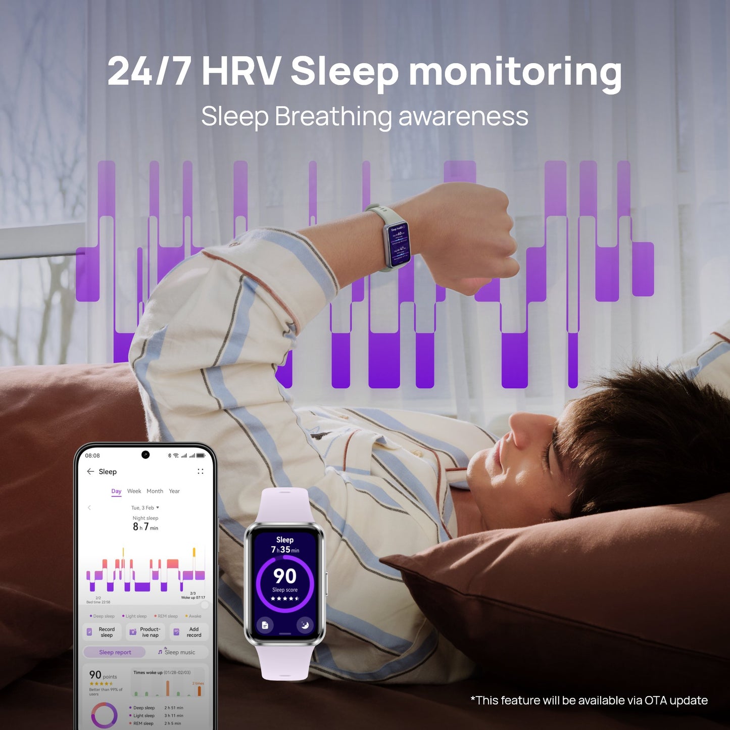 A person lying in bed wearing a smartwatch with a purple sleep app interface, alongside a smartphone showing matching sleep monitoring graphics. Large text reads '24/7 HRV Sleep monitoring' and 'Sleep Breathing awareness.