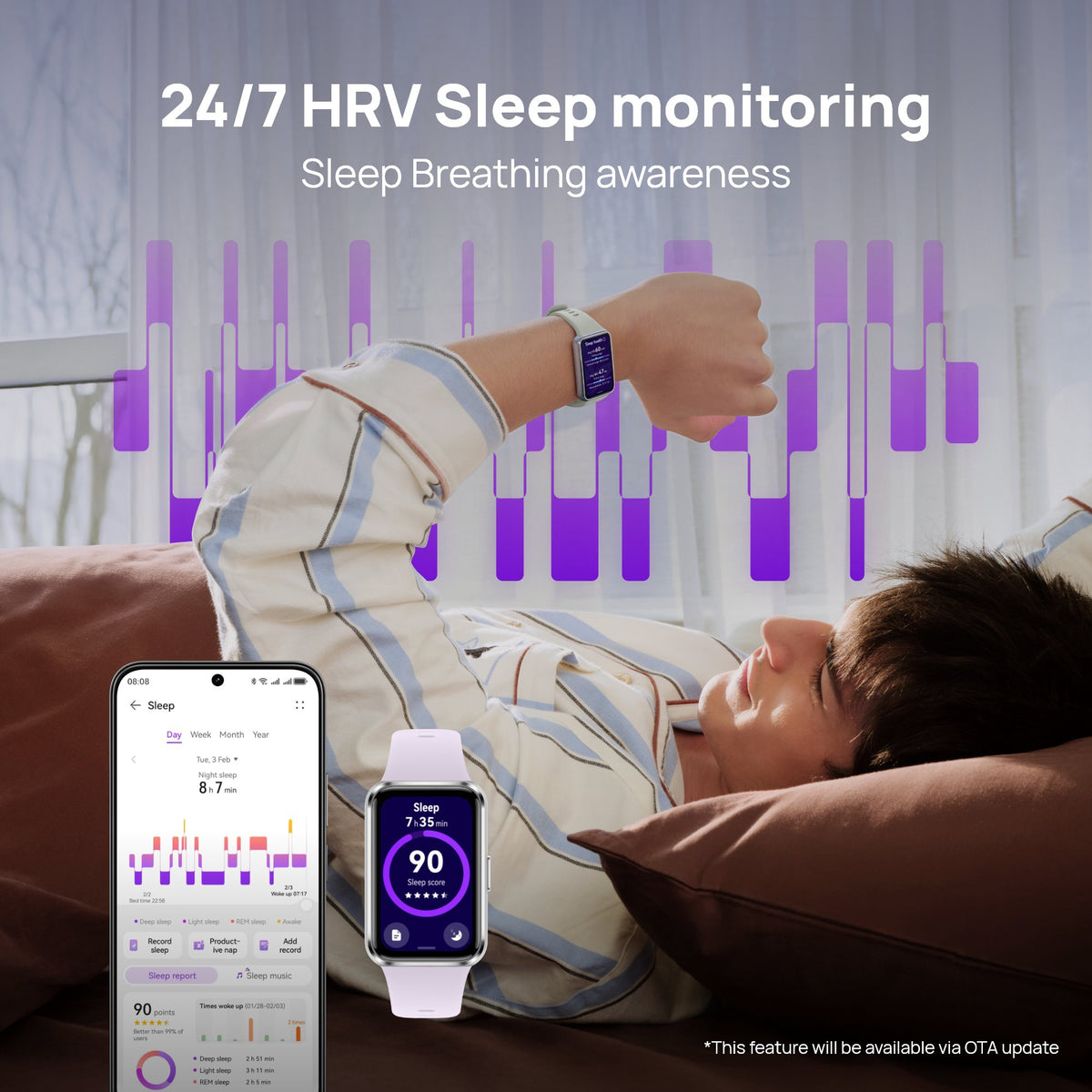 A person lying in bed wearing a smartwatch with a purple sleep app interface, alongside a smartphone showing matching sleep monitoring graphics. Large text reads '24/7 HRV Sleep monitoring' and 'Sleep Breathing awareness.