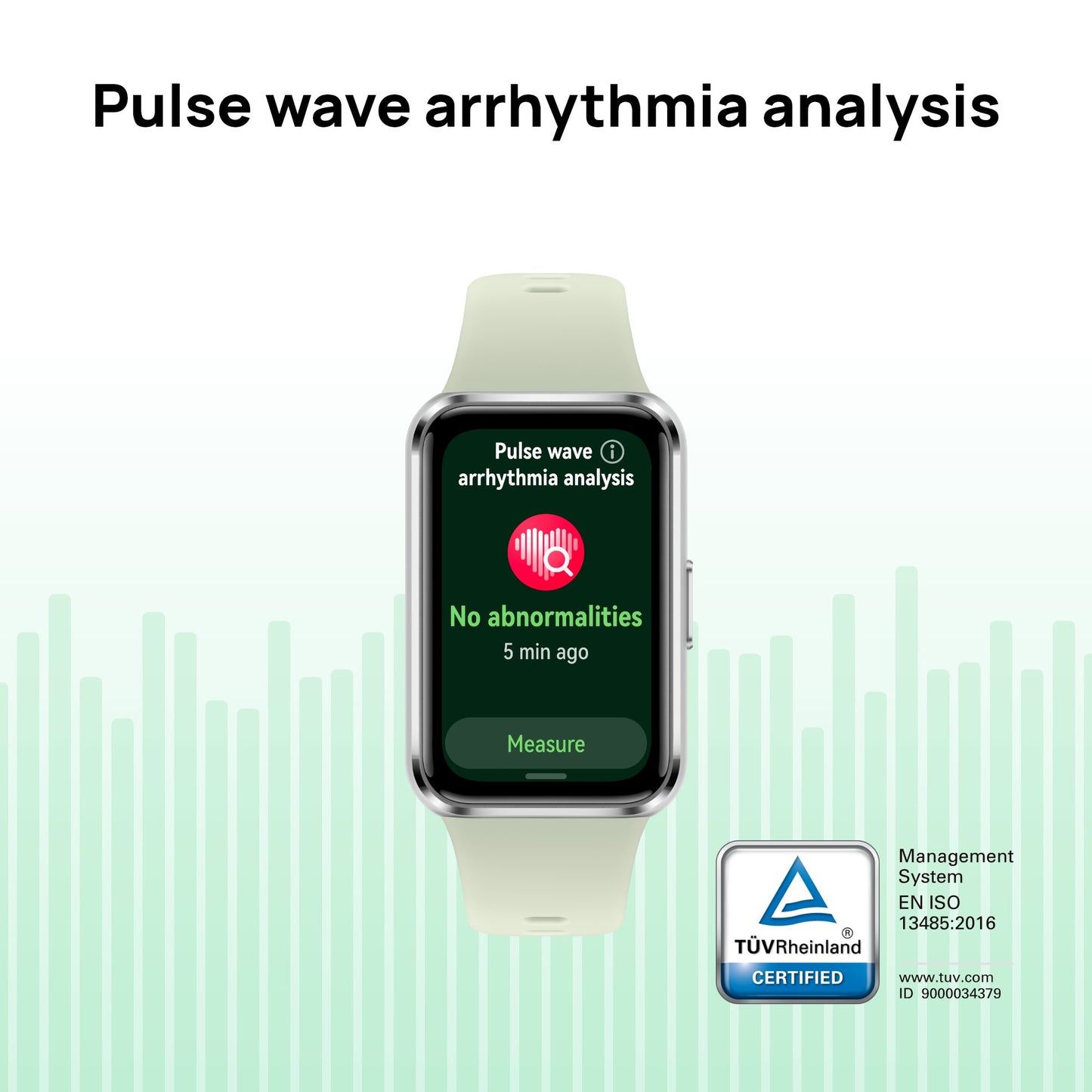 A smartwatch with a pale mint green band is centered on a white background with a faint green pulse waveform graphic. The watch screen shows a dark green interface labeled 'Pulse wave arrhythmia analysis.