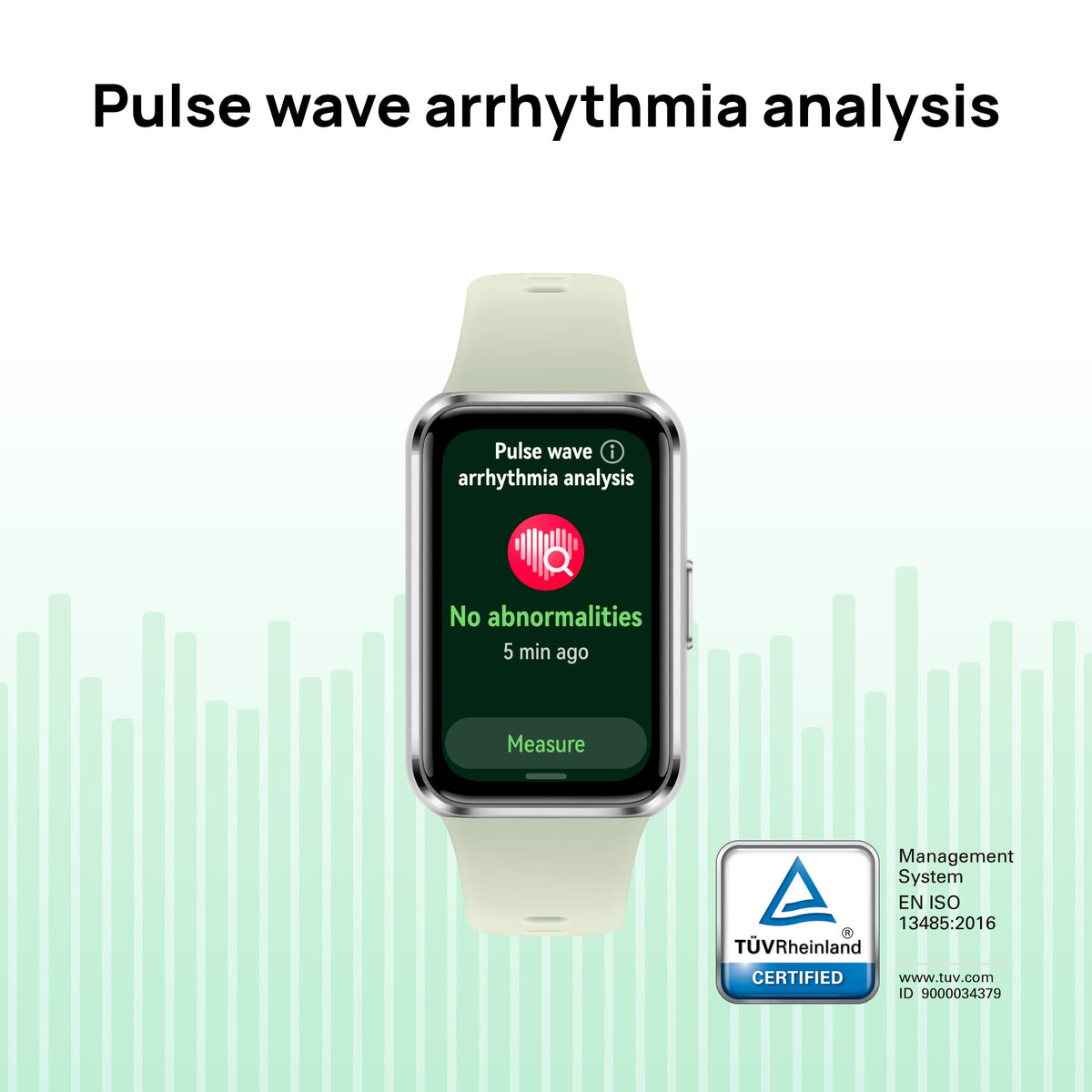A smartwatch with a pale mint green band is centered on a white background with a faint green pulse waveform graphic. The watch screen shows a dark green interface labeled 'Pulse wave arrhythmia analysis.