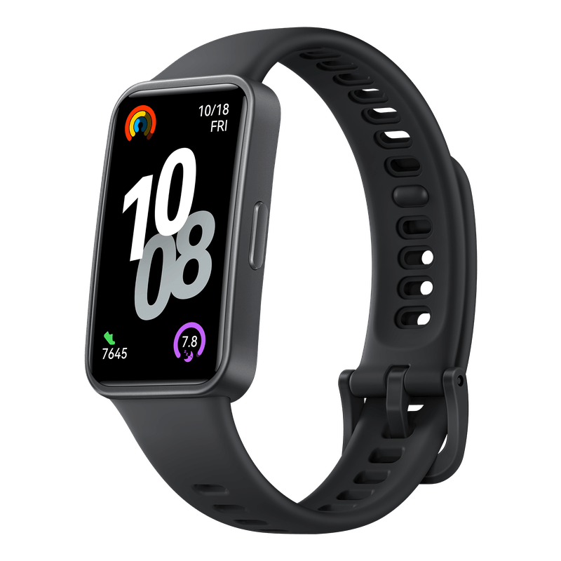 Black smartwatch with a digital display on a transparent background