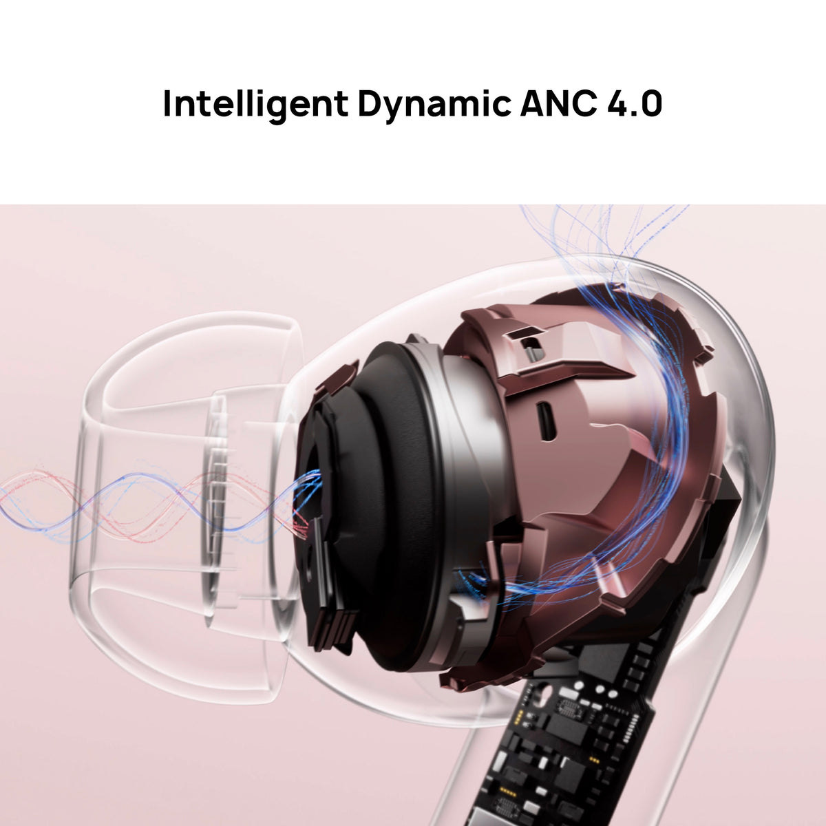 Close-up of earbud with 'Intelligent Dynamic ANC 4.0' text on a light pink background