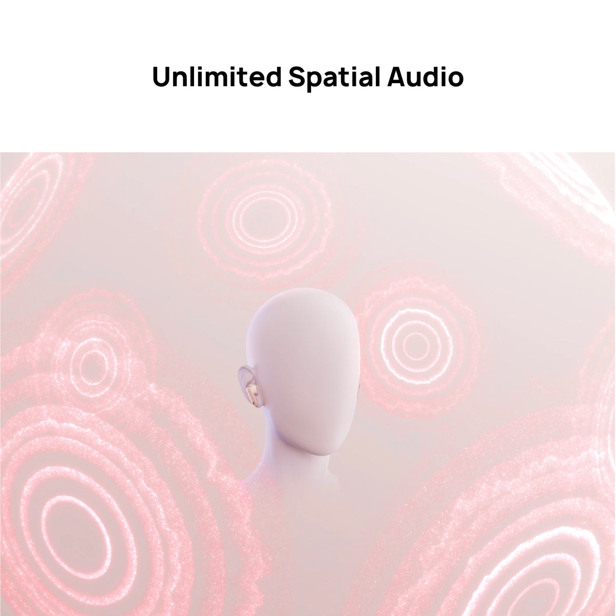 White earbud with pink audio wave patterns on a light gray background, featuring 'Unlimited Spatial Audio' text.