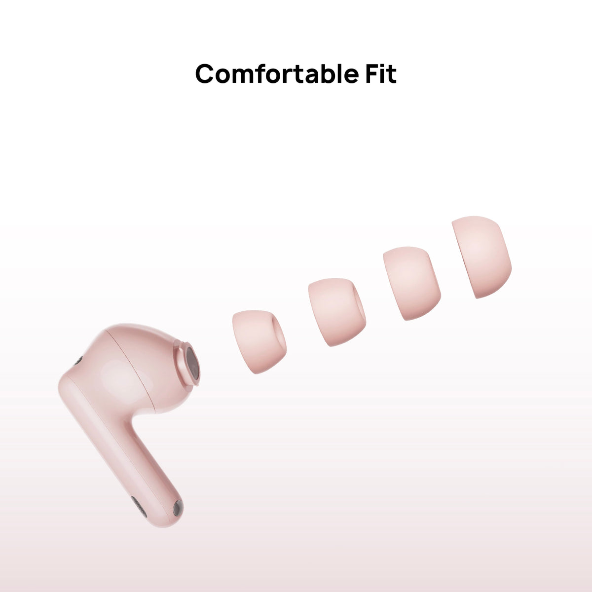 Pink wireless earbuds with interchangeable ear tips on a light pink background