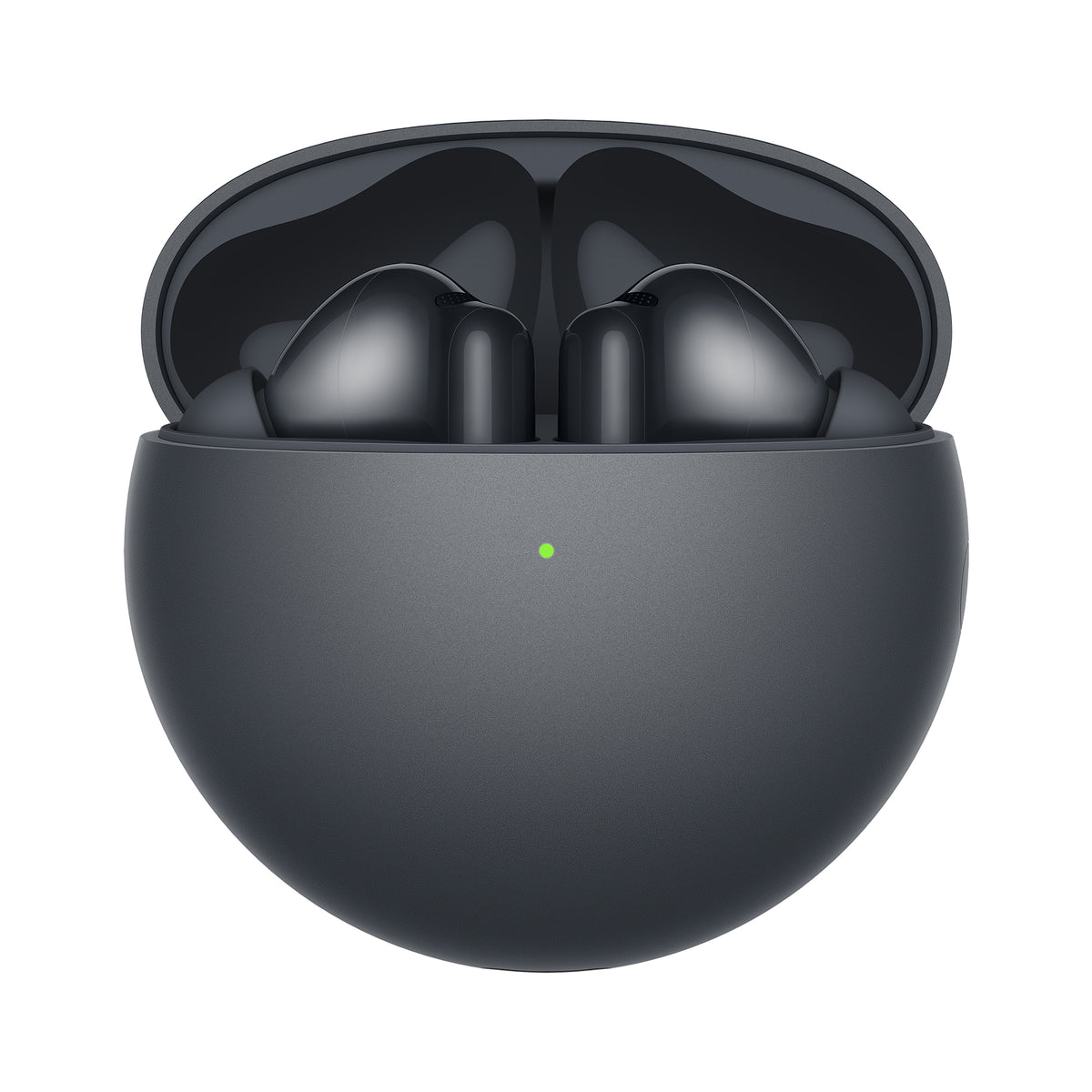 Black wireless earbuds in an open charging case on a white background