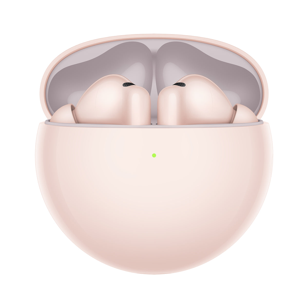Pink wireless earbuds in an open case on a white background