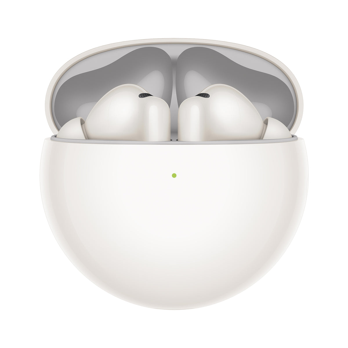 White wireless earbuds in a transparent charging case on a white background