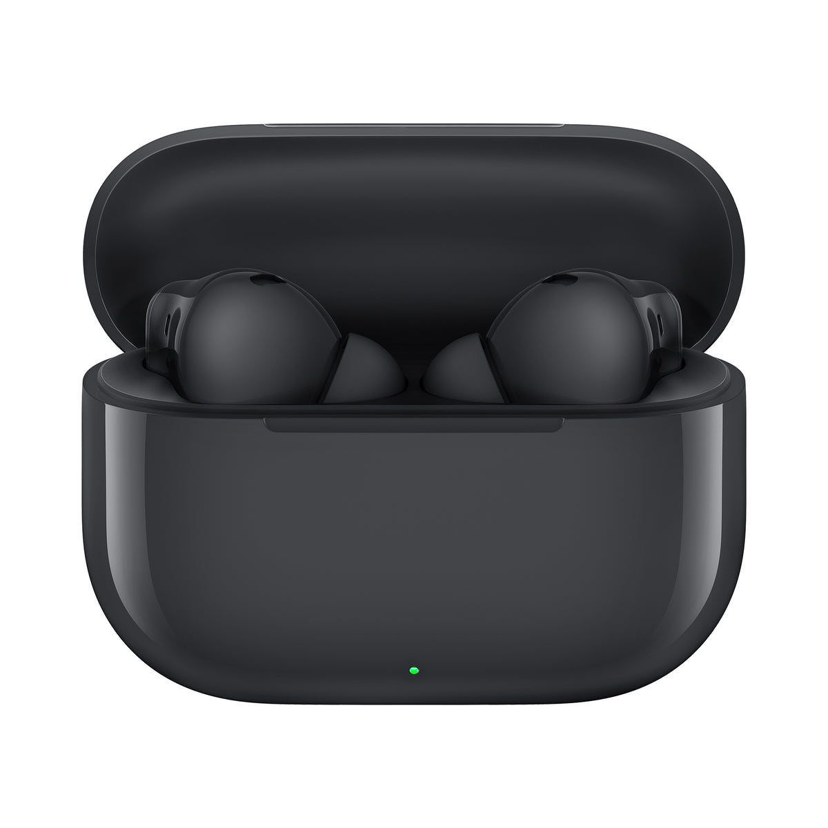 Black wireless earbuds in a charging case on a white background