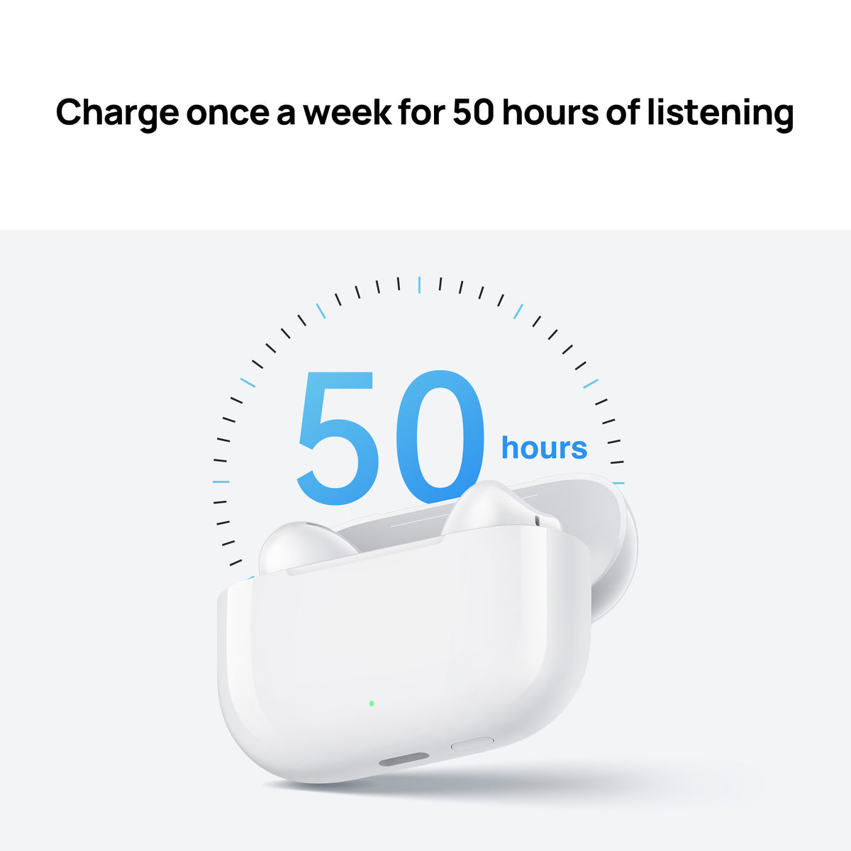 White wireless earbuds with charging case on a white background, displaying battery life information.