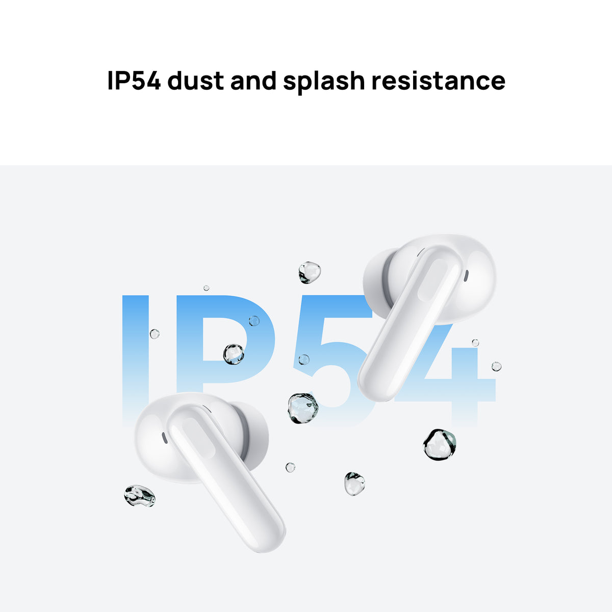 White wireless earbuds with IP54 dust and splash resistance text on a white background