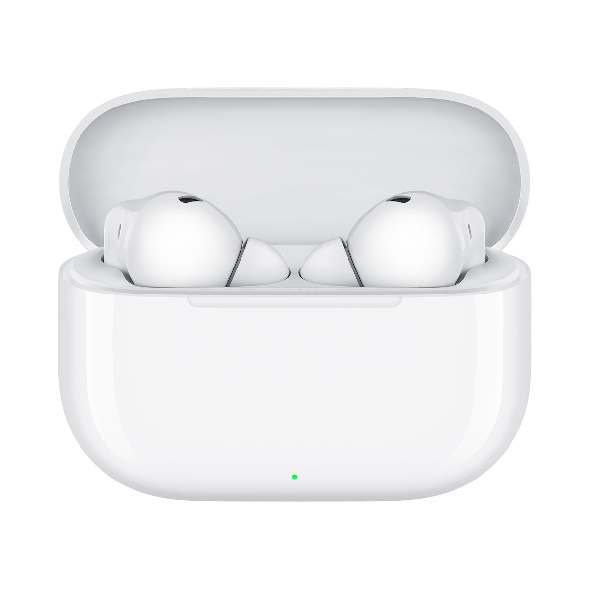 White wireless earbuds in a charging case on a white background