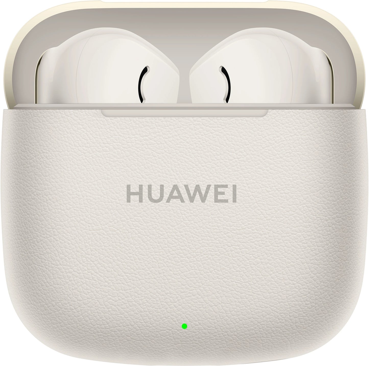 White Huawei wireless earbuds in charging case on a white background