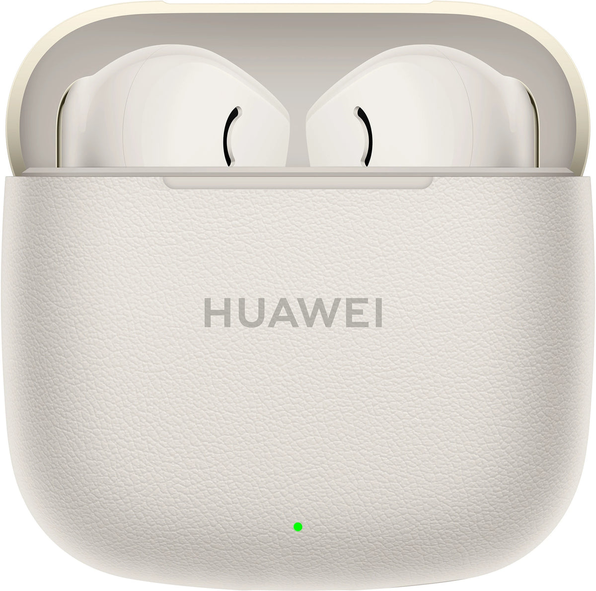 White Huawei wireless earbuds in charging case on a white background