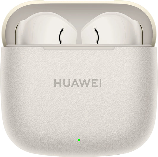 White Huawei wireless earbuds in charging case on a white background