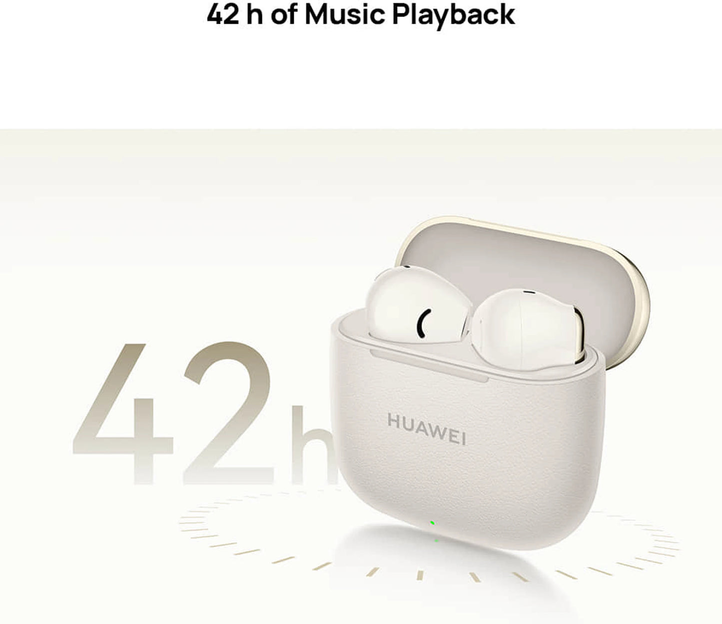 Huawei wireless earbuds in charging case with 42 hours of music playback text on a white background