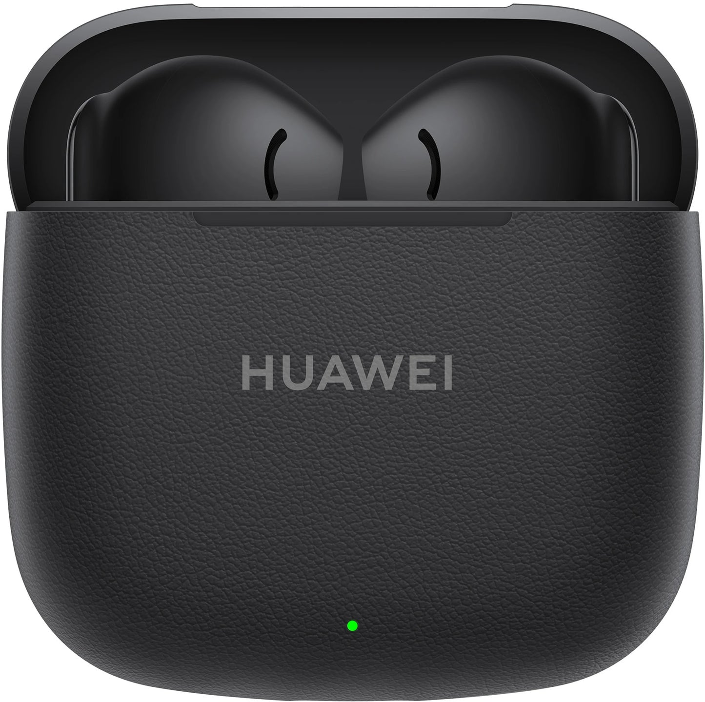 Black Huawei wireless earbuds in charging case on a white background