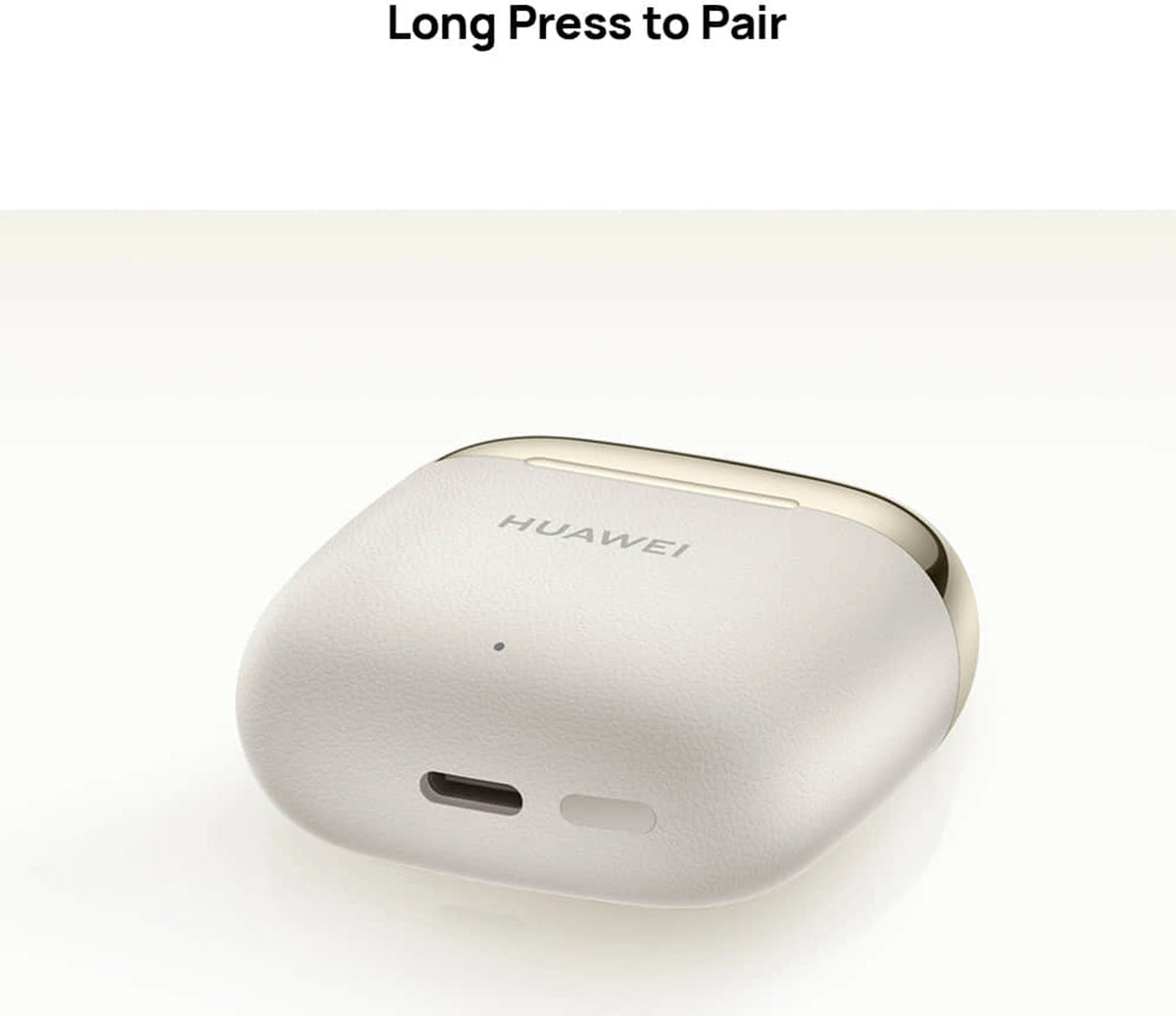 HUAWEI wireless earbuds case with 'Long Press to Pair' text on a white background