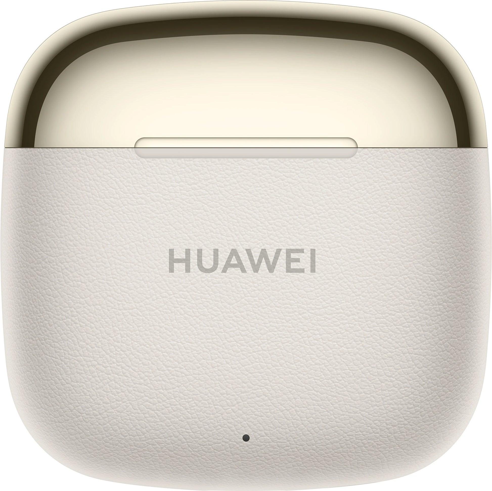 White Huawei wireless earbuds case with visible brand logo