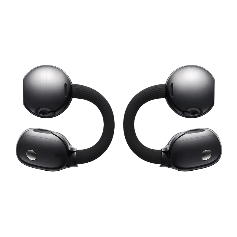 Pair of black wireless earbuds on a white background