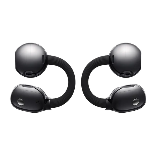 Pair of black wireless earbuds on a white background