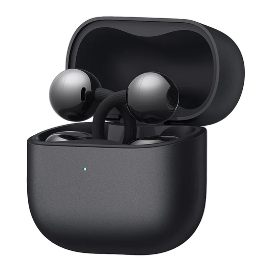 Black wireless earbuds in a charging case on a white background