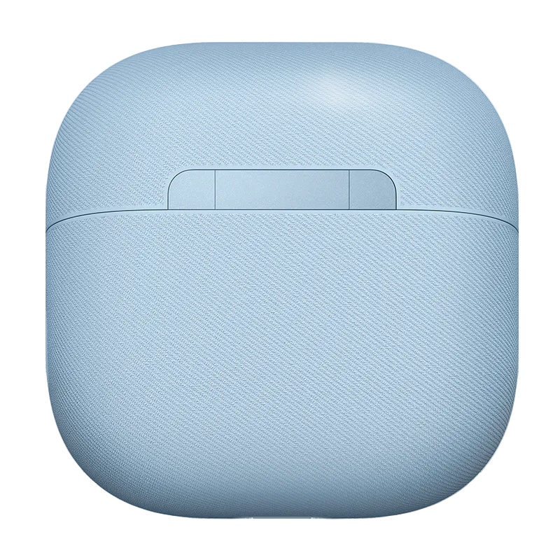 Blue textured wireless earbud case on a white background