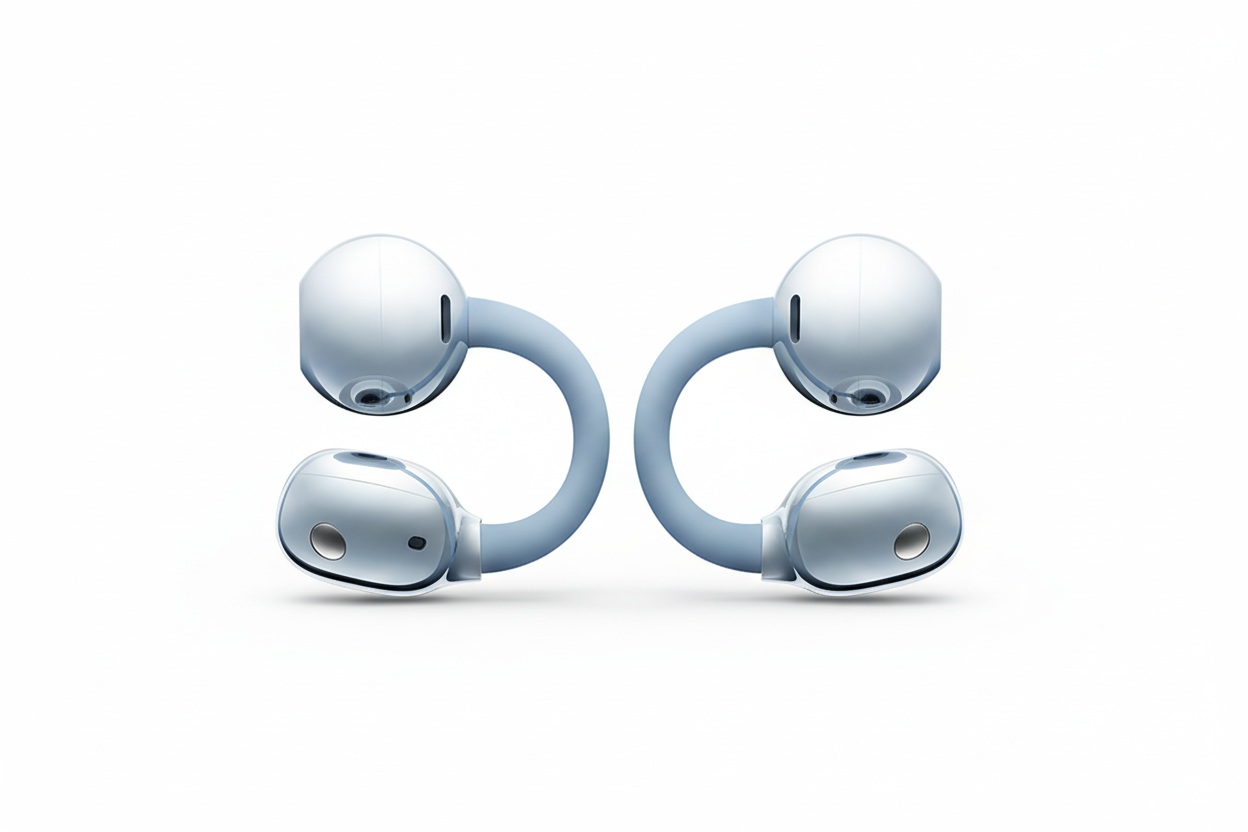 Pair of wireless earbuds with a white background
