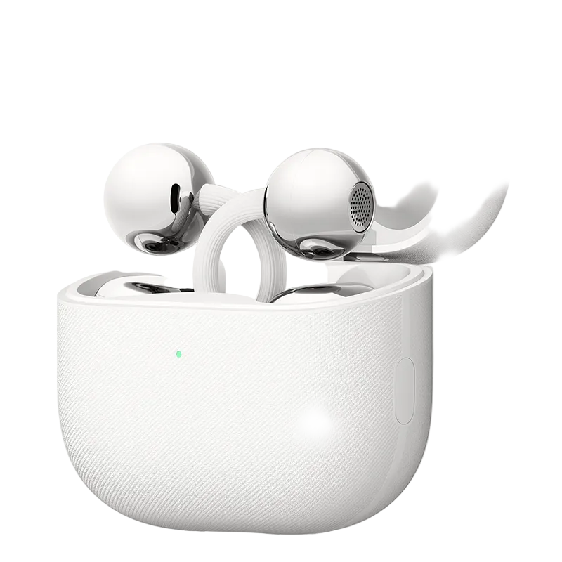 White wireless earbuds with charging case on a white background