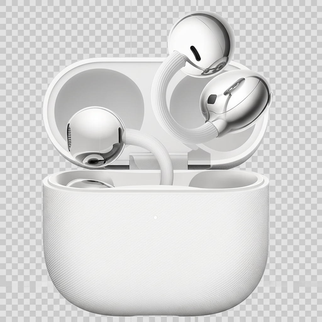 White wireless earbuds in a charging case on a transparent background