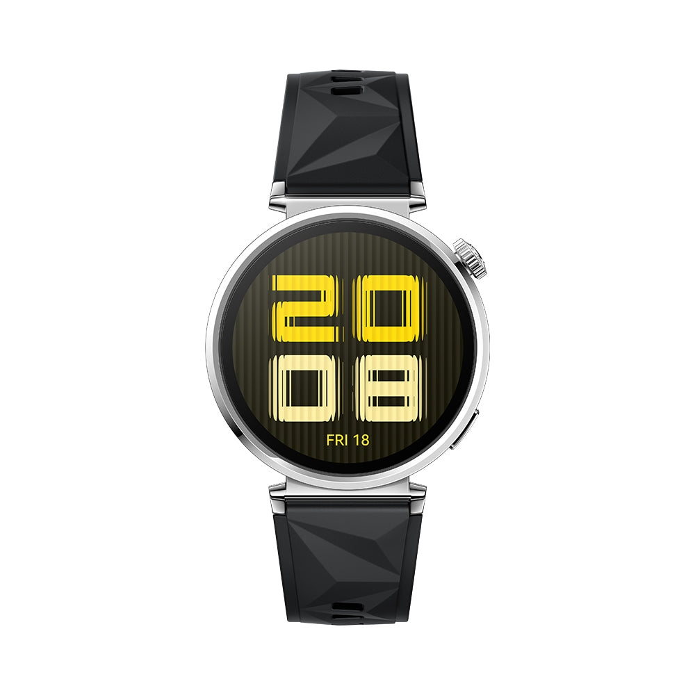 Smartwatch with black band and yellow digital display on a white background