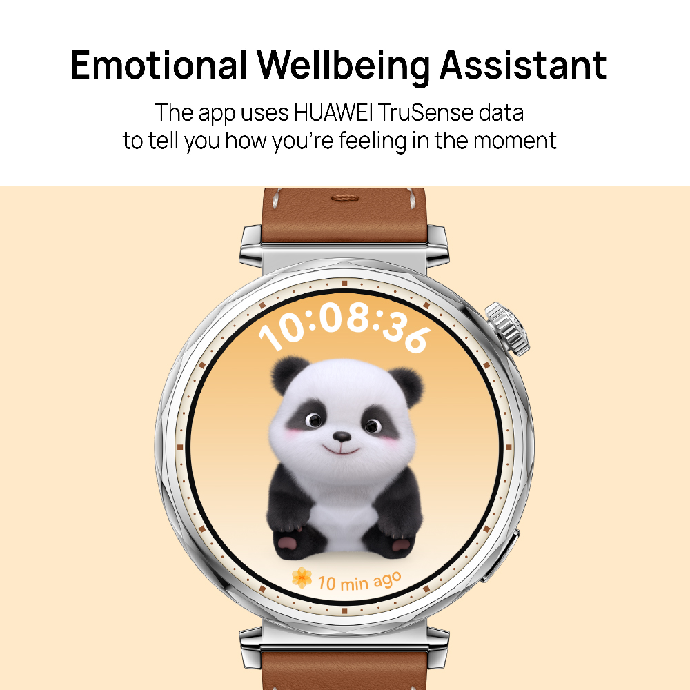 Smartwatch with a panda character display on a beige background, featuring text about emotional wellbeing assistant.