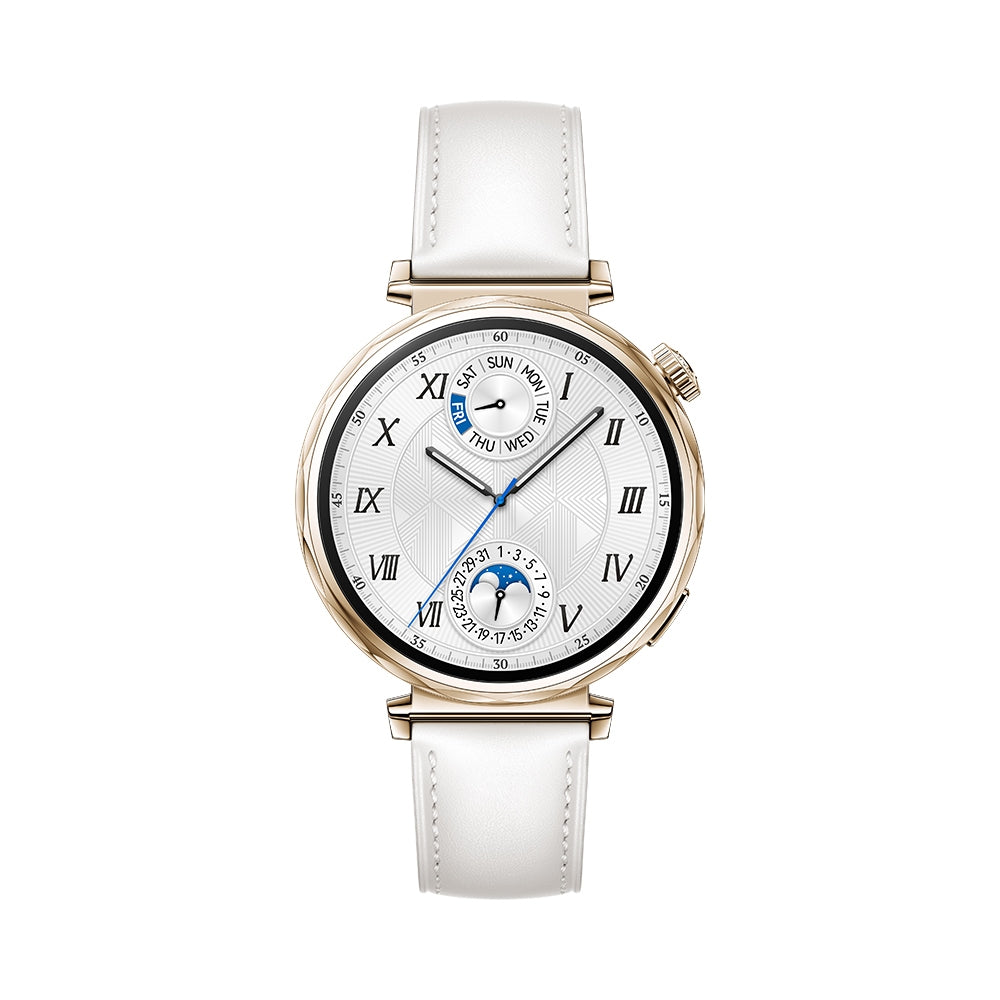 White wristwatch with a detailed face on a white background