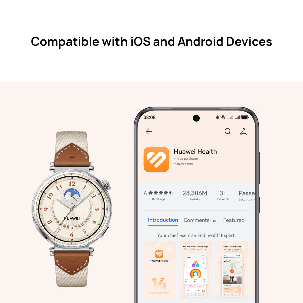 Smartwatch and smartphone displaying Huawei Health app on a light background