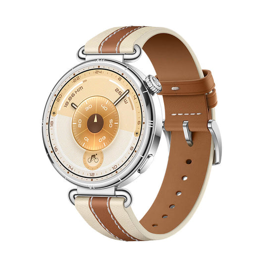 Watch with brown strap and beige face on white background