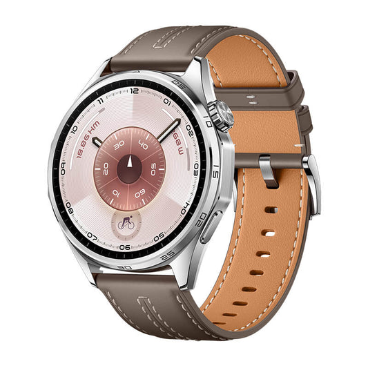 Smartwatch with brown leather strap on a white background