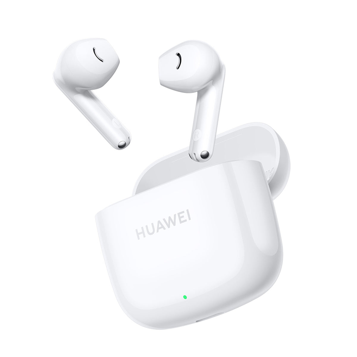 White Huawei wireless earbuds with charging case on a white background
