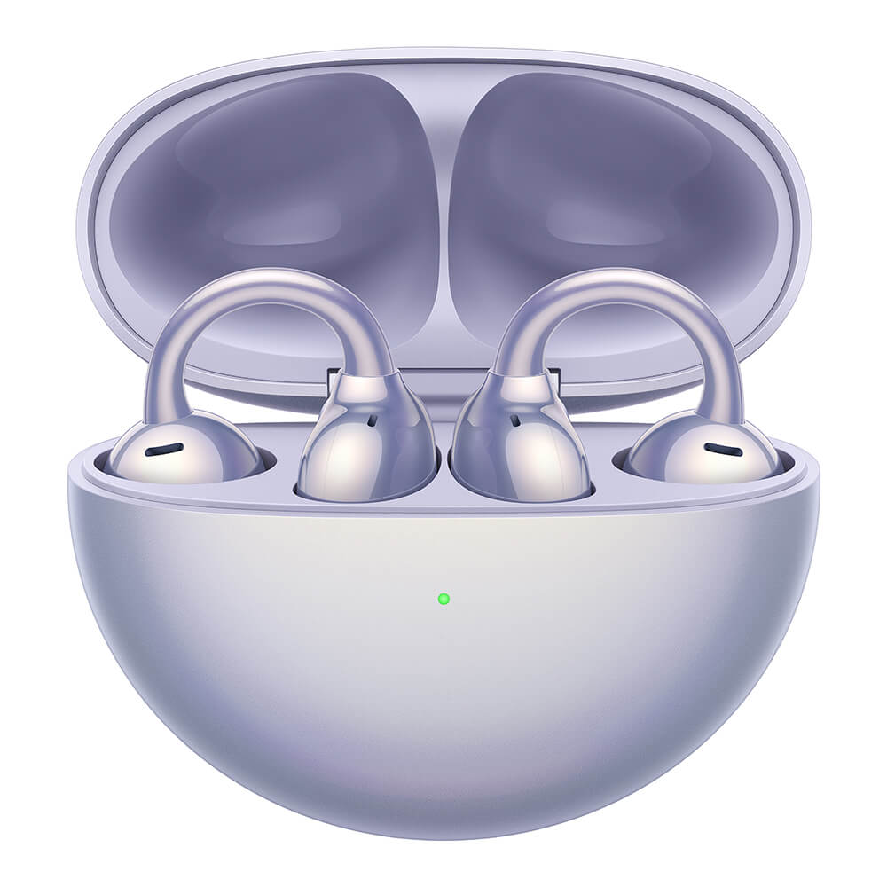 Wireless earbuds in a charging case on a white background