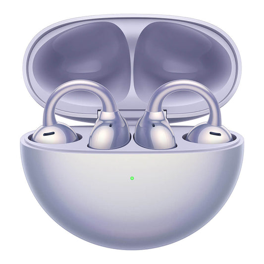Wireless earbuds in a charging case on a white background