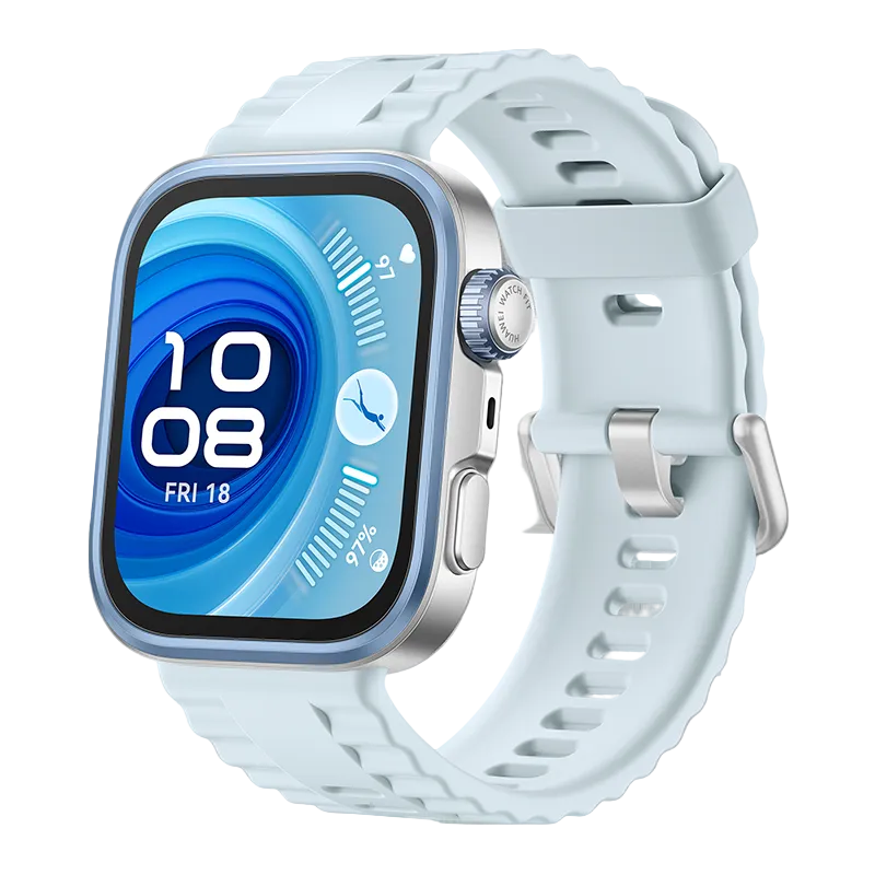Smartwatch with a light blue strap on a white background