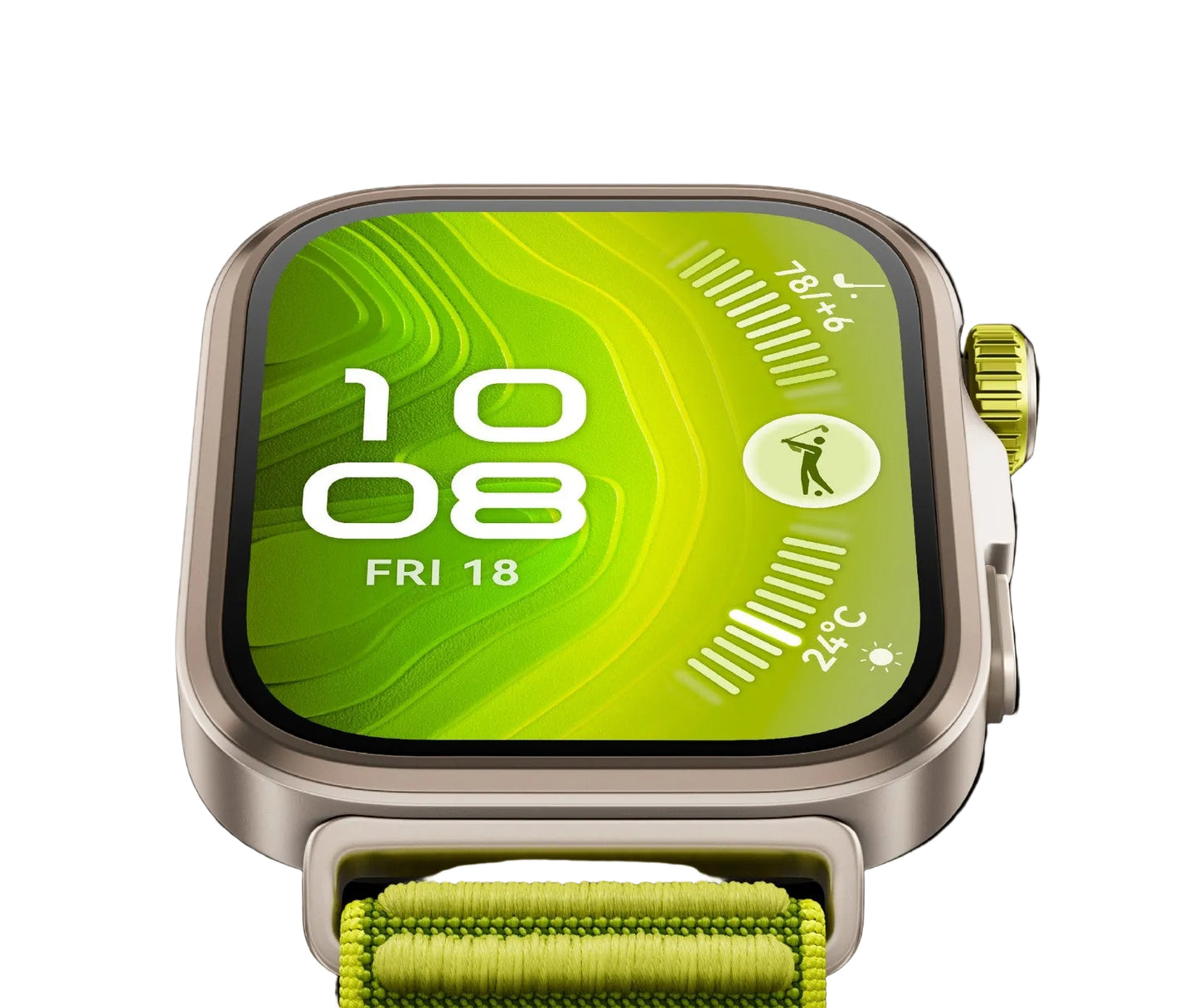 Smartwatch with a green display and band on a black background