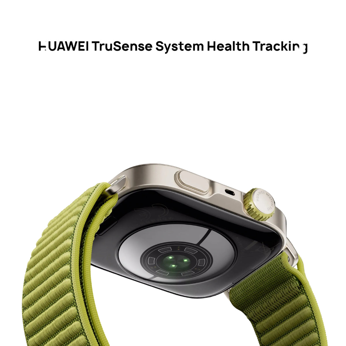 Smartwatch with green band and HUAWEI TruSense System Health Tracking text on a black background