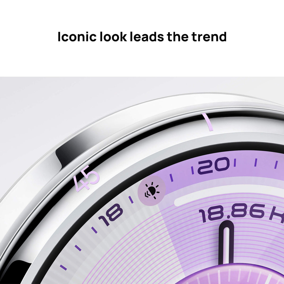 Close-up of a watch face with a purple dial and text 'Iconic look leads the trend'.